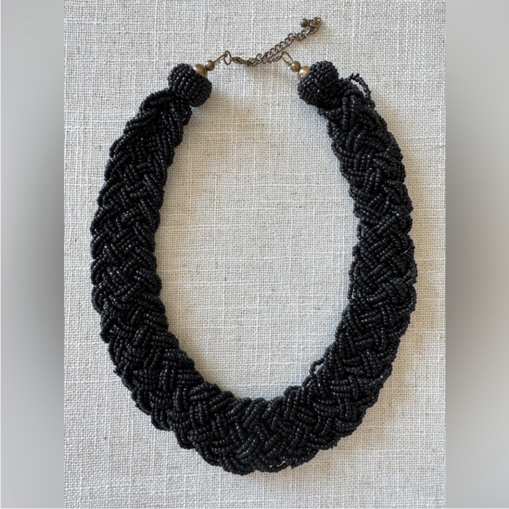 Black Beaded Statement Necklace Bib Collar Braided Adjustable Costume Chunky
